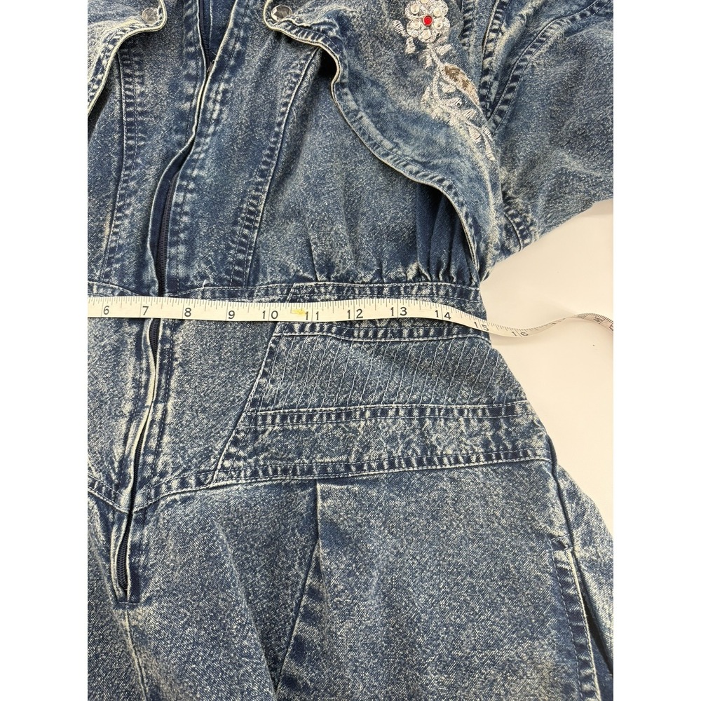 Vtg 80s ULTRA Acid Wash Denim Faux 2-Piece Dress XL Western Rhinestones Pockets - Picture 7 of 8